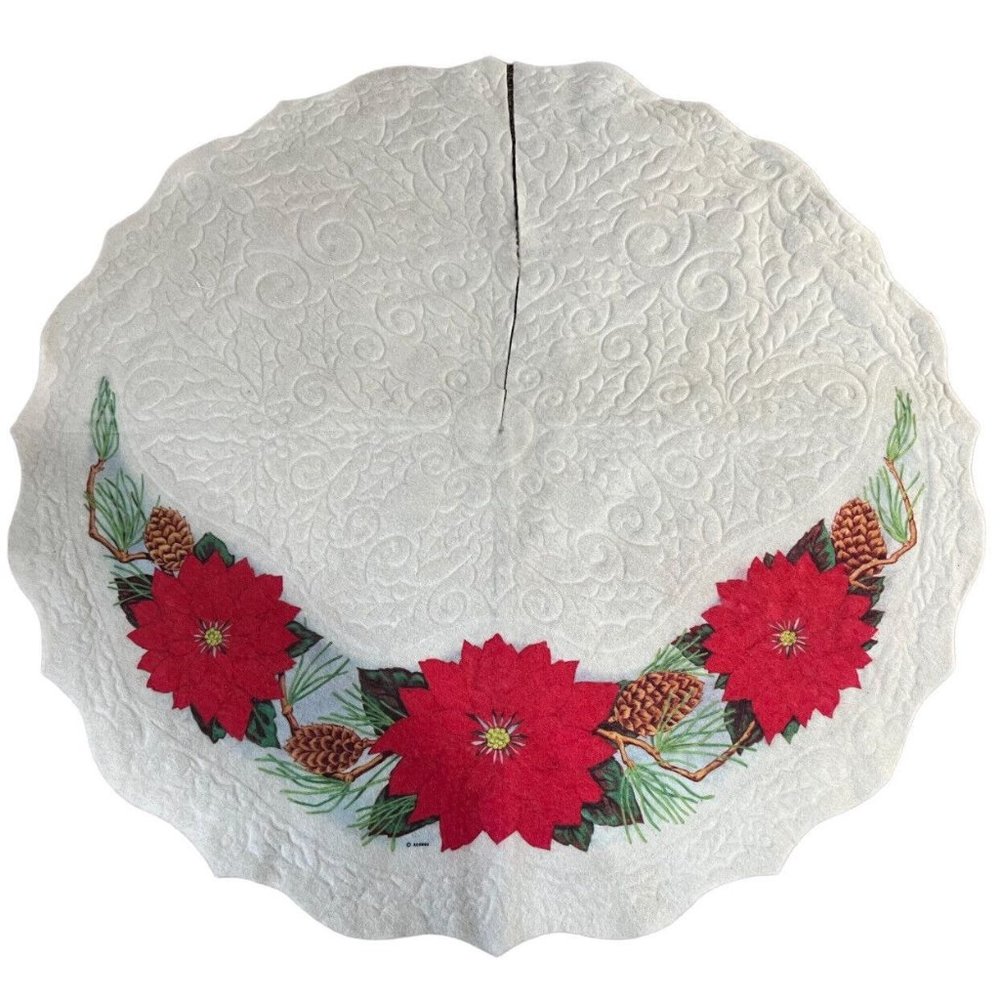 Vintage Felt Christmas Tree Skirt Poinsettia RENNOC‎ 34"